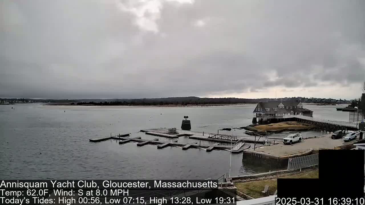 A mostly cloudy day shows a calm body of water with a small marina and a clubhouse on an island, with several vehicles parked nearby.