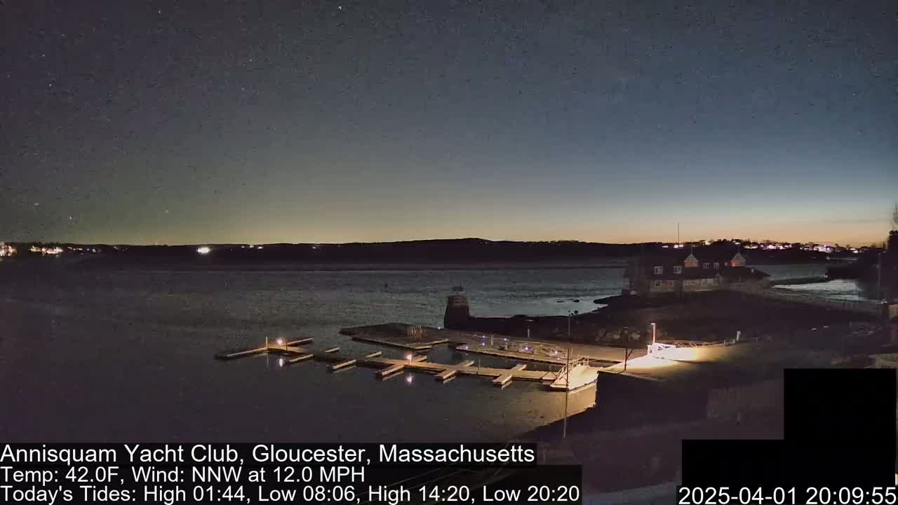 A nighttime view of a marina with boats docked, under a clear, starry sky, and a calm body of water in the background.