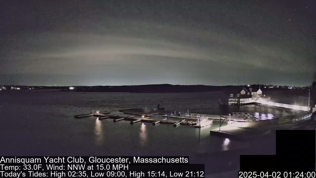 A nighttime view of a marina with a building and several boats docked under a mostly cloudy sky.