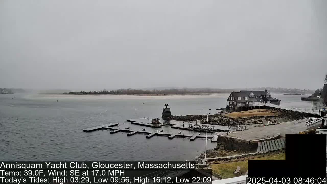 A gray, overcast day shows a waterfront yacht club with a dock and a calm body of water, under a southeast wind.