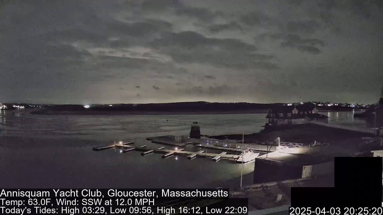 A nighttime view of a marina with boats docked, under a cloudy sky, shows a calm body of water and faintly lit buildings in the background.