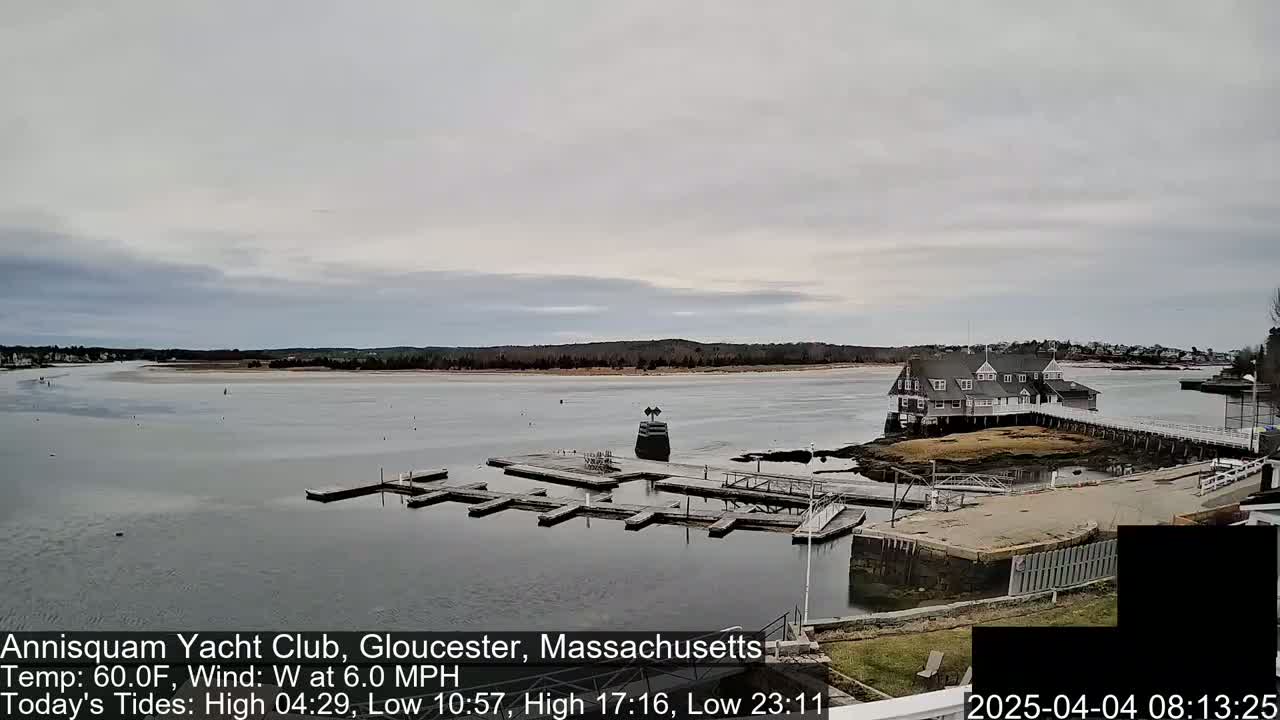 A calm, overcast day reveals a marina with several empty docks and a large clubhouse situated on a small island in a body of water.