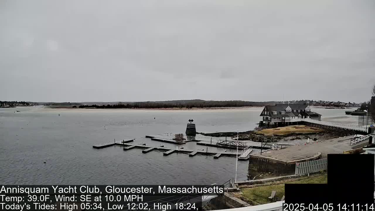 A gray, overcast day shows a calm body of water with a dock, a small building, and a sandy shoreline in the distance.