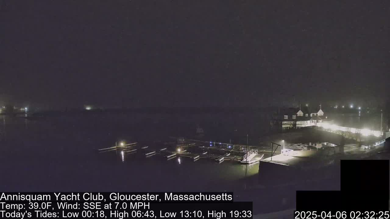 A nighttime view of a marina with boats docked, under a dark, possibly foggy sky.