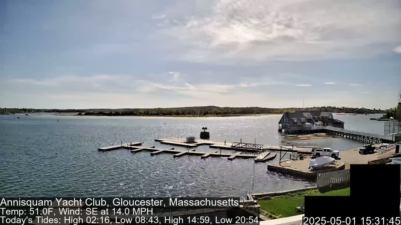 A waterfront yacht club with a dock and several boats is visible under partly cloudy skies, with a moderate southeast wind.