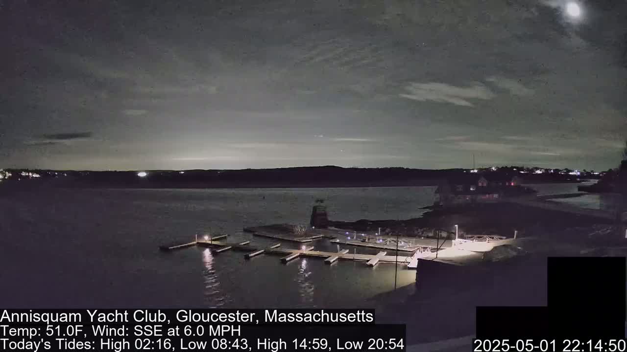 A nighttime view of a marina with several docks, under a partly cloudy sky.
