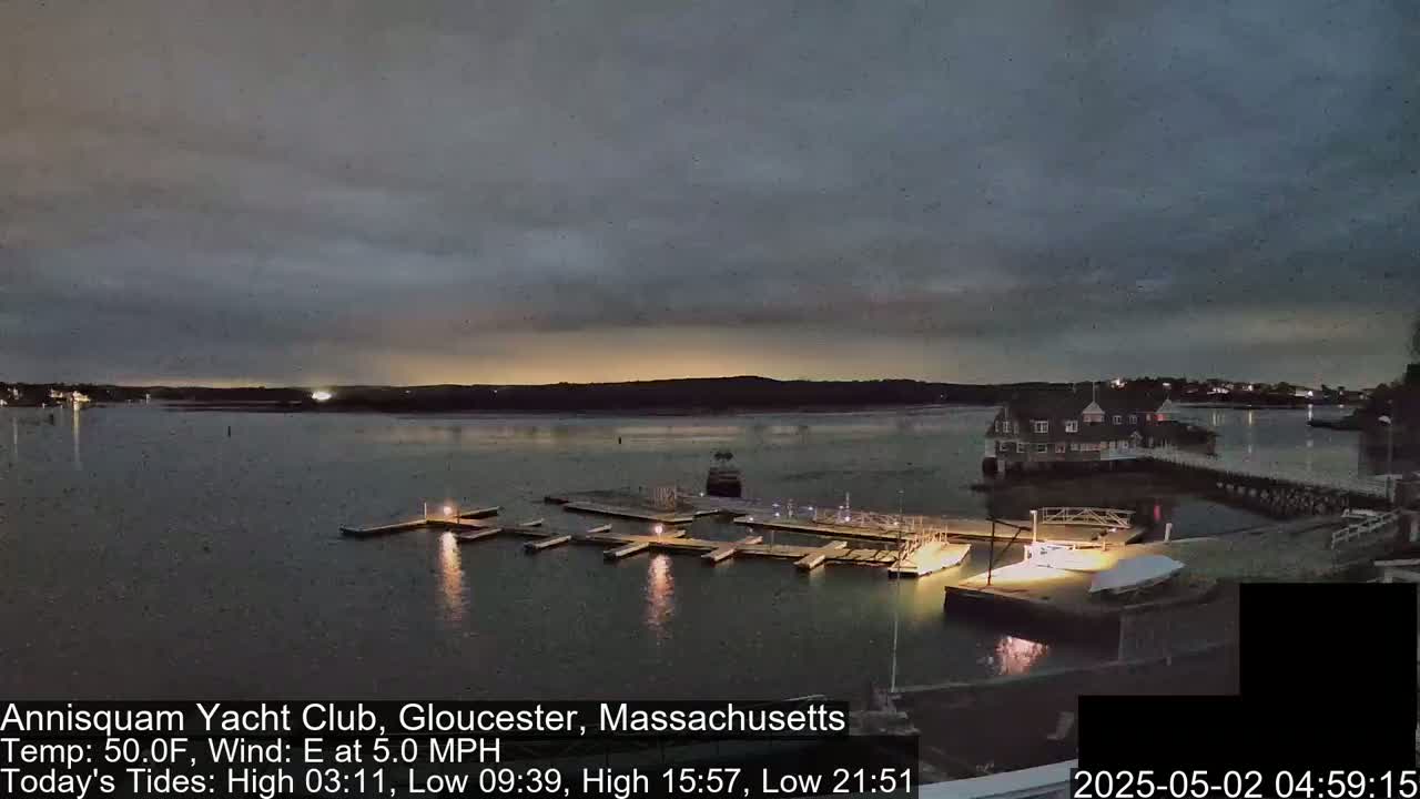 A calm, dark body of water at twilight shows a marina with several boats docked, a clubhouse in the background, and a light east wind.