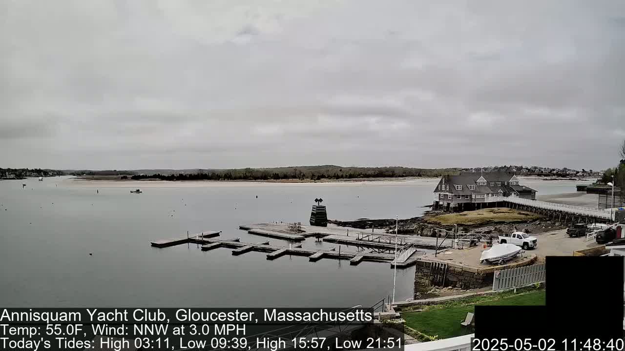 A calm, overcast day shows a marina with several empty boat slips, a small clubhouse on a rocky outcropping, and a mostly calm body of water extending to a distant shoreline.