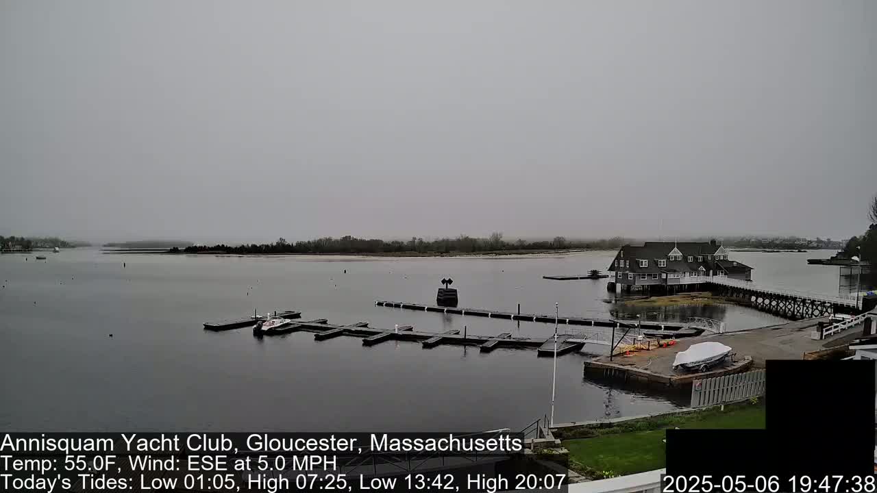 A gray, overcast day shows a calm body of water with docked boats and a clubhouse on the shore.