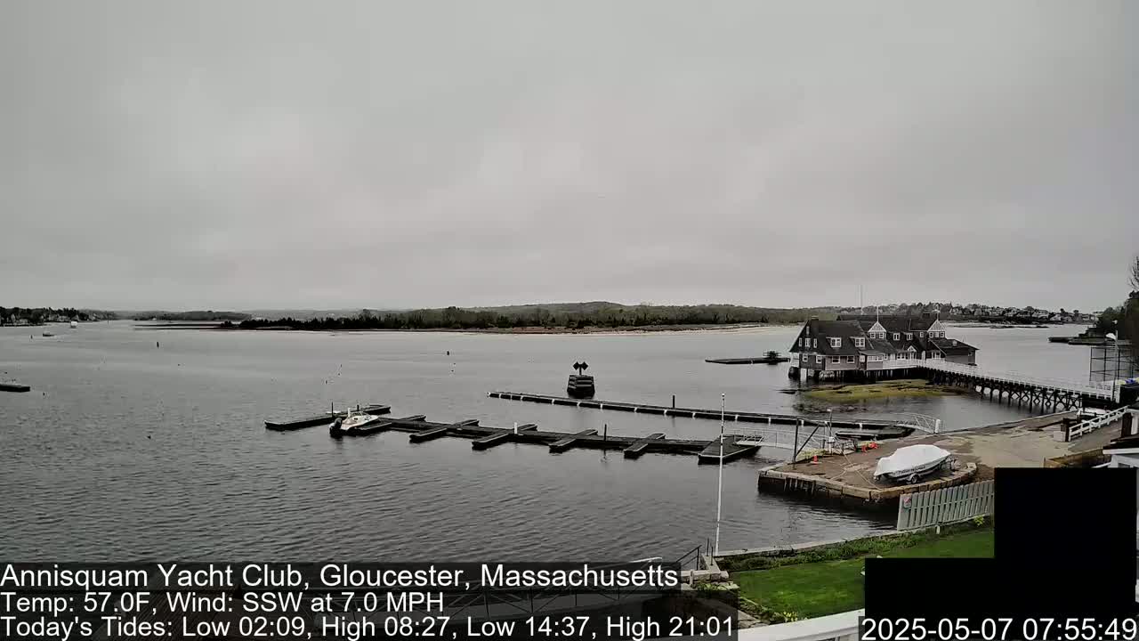 A calm body of water with overcast skies shows a marina with several boats docked, a clubhouse on a pier, and a small sandy shore in the background.