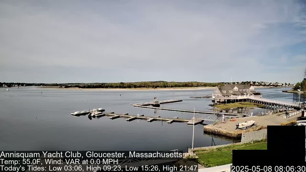 A calm, overcast day reveals a marina with several boats docked at a yacht club situated on the water's edge, with a sandy shore and trees in the background.