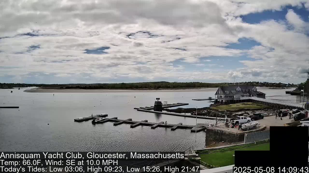 A calm body of water with a marina, a clubhouse, and several boats under a partly cloudy sky with a southeast wind.