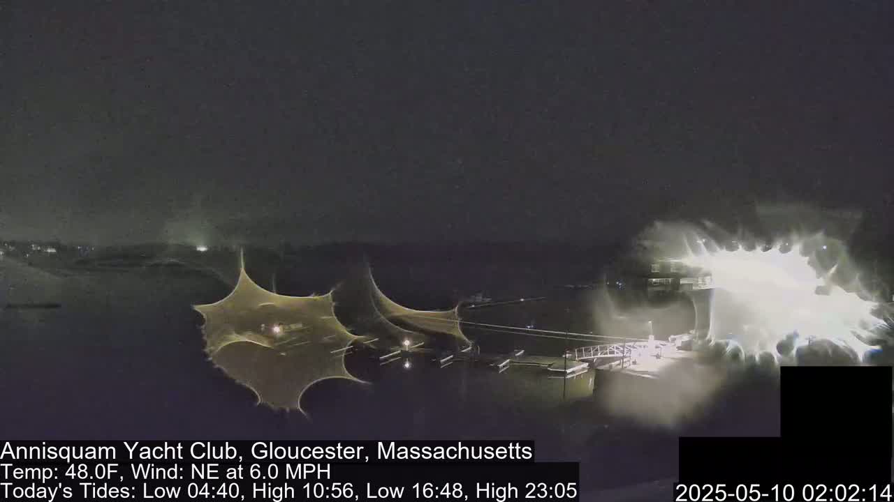 A nighttime, outdoor scene shows a waterfront area with structures and bright lights, under a dark sky with a northeast wind.