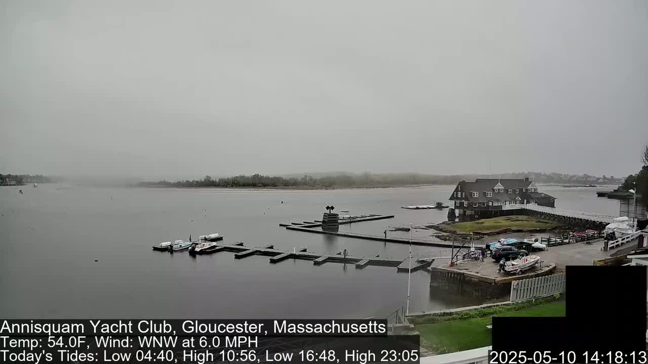 A hazy, overcast day shows a calm body of water with several boats docked at a marina near a large building.