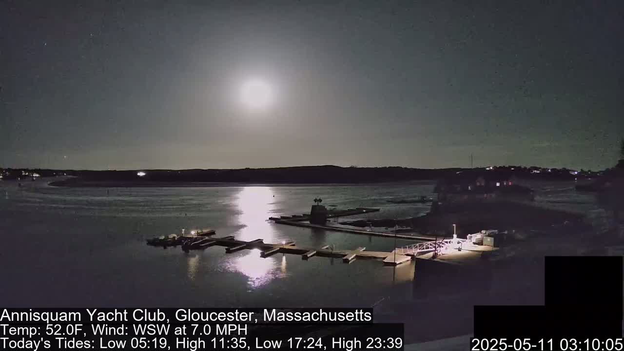 A bright moon illuminates a calm body of water at night, reflecting on a marina with docked boats and a nearby building.