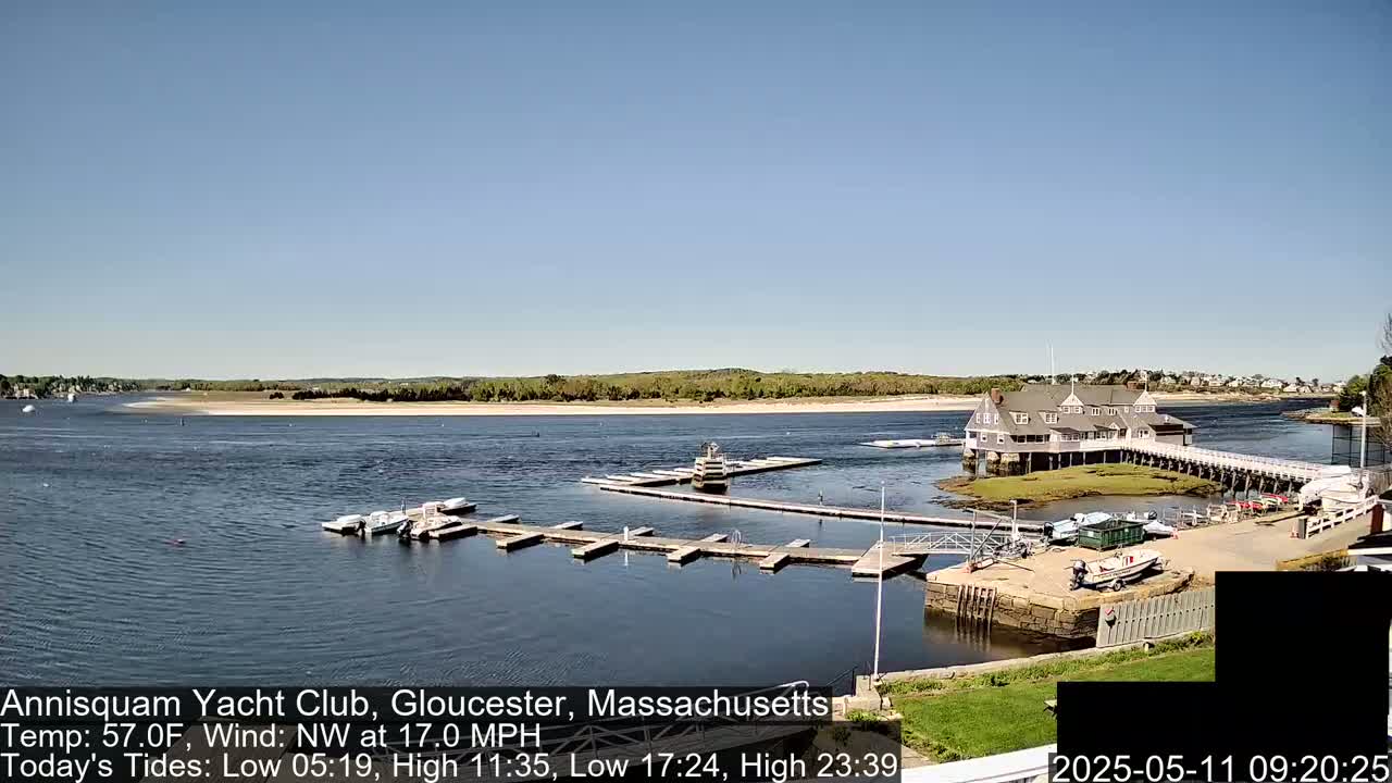 A marina with several boats docked under a clear blue sky, with a sandy shore and a large building in the background, and a moderate northwest wind.