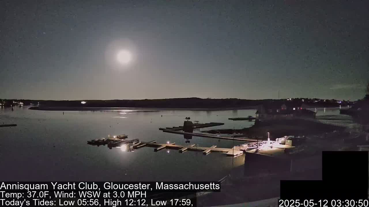 A bright moon illuminates a calm body of water with docked boats at a marina under a clear night sky.