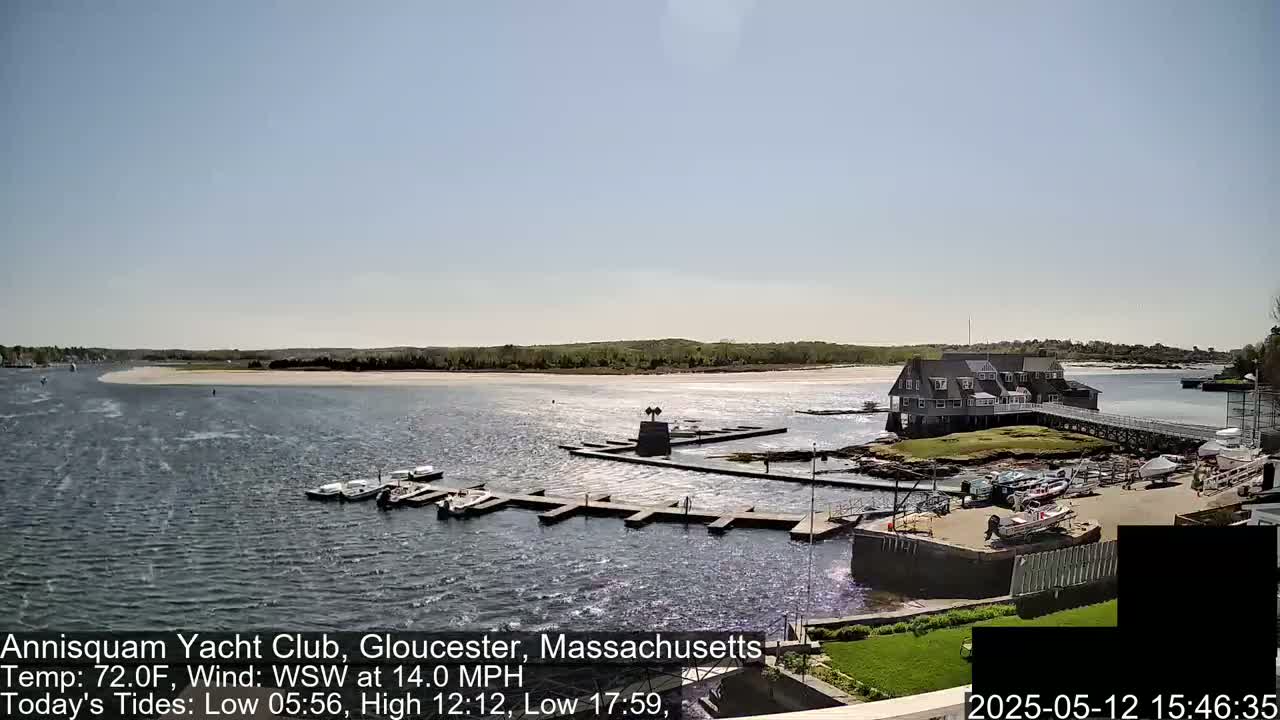 A sunny day shows a harbor with a clubhouse, docks full of boats, and a sandy beach beyond.