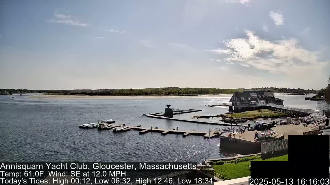 A mostly sunny day shows a calm body of water with several boats docked at a waterfront building, and a sandy shore in the distance.