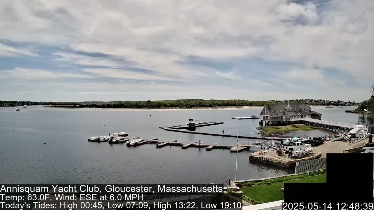A partly cloudy day shows a calm body of water with numerous boats docked at a marina near a large building, with a sandy shore visible in the background.