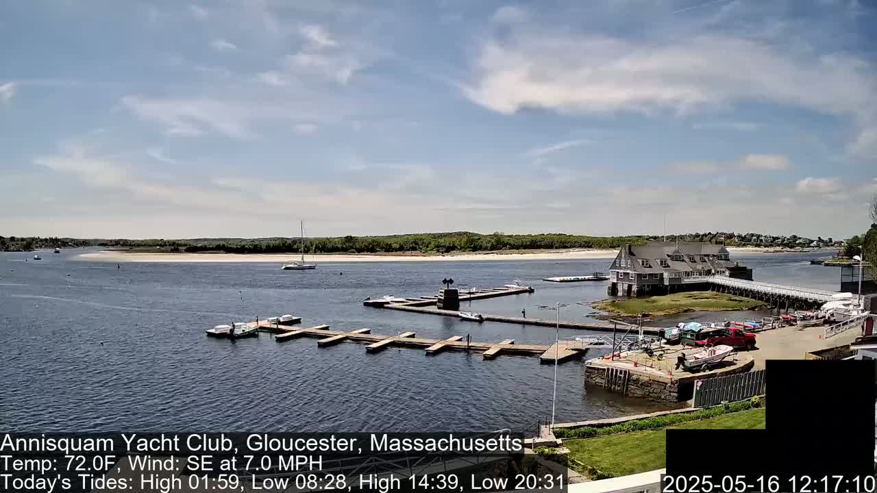 A calm, sunny day at a marina with numerous boats docked, a clubhouse, and a sandy shoreline in the background.
