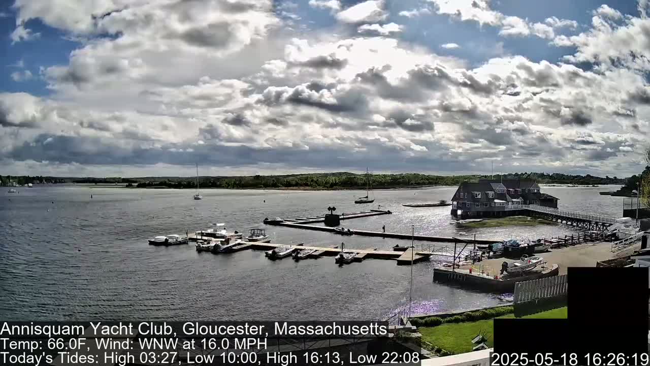 A partly cloudy day shows a marina with numerous boats docked, a waterfront building, and calm water under a mostly cloudy sky.