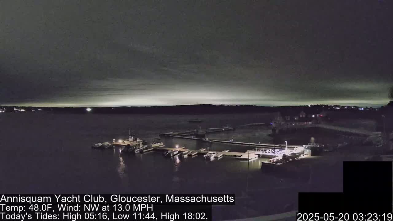 A nighttime view of a marina with boats docked, under a dark sky with a faint, light horizon.