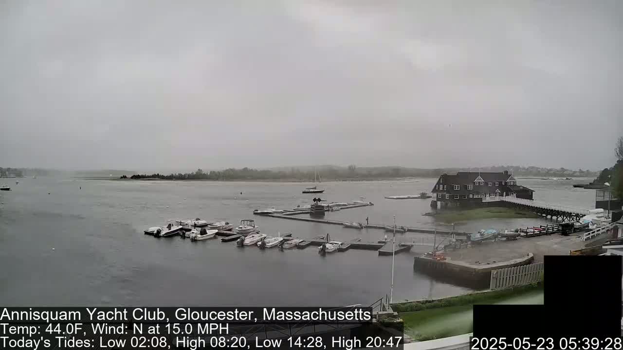 A gray, overcast day shows a harbor with numerous boats moored at a marina, next to a large, dark-colored building.