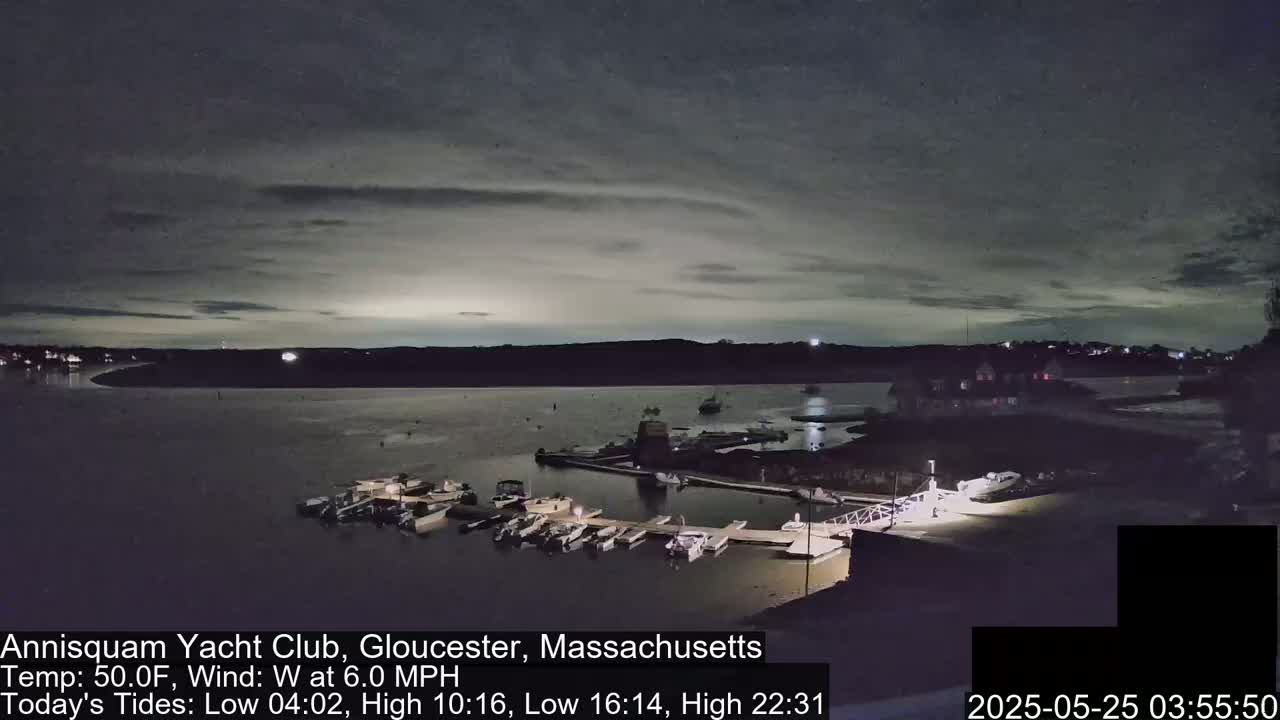 A nighttime view of a marina with numerous boats docked, under a cloudy, dark sky.