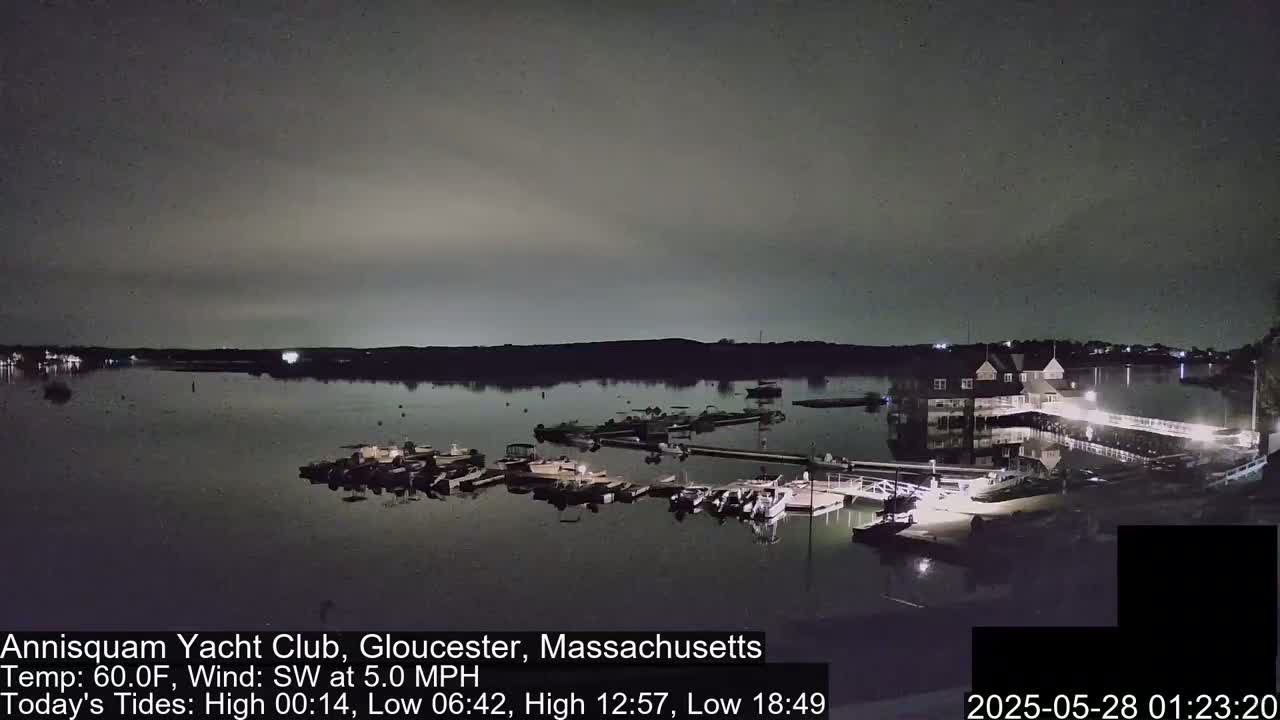 A nighttime view of a calm body of water with docked boats and a building illuminated on the shore under a dark sky.
