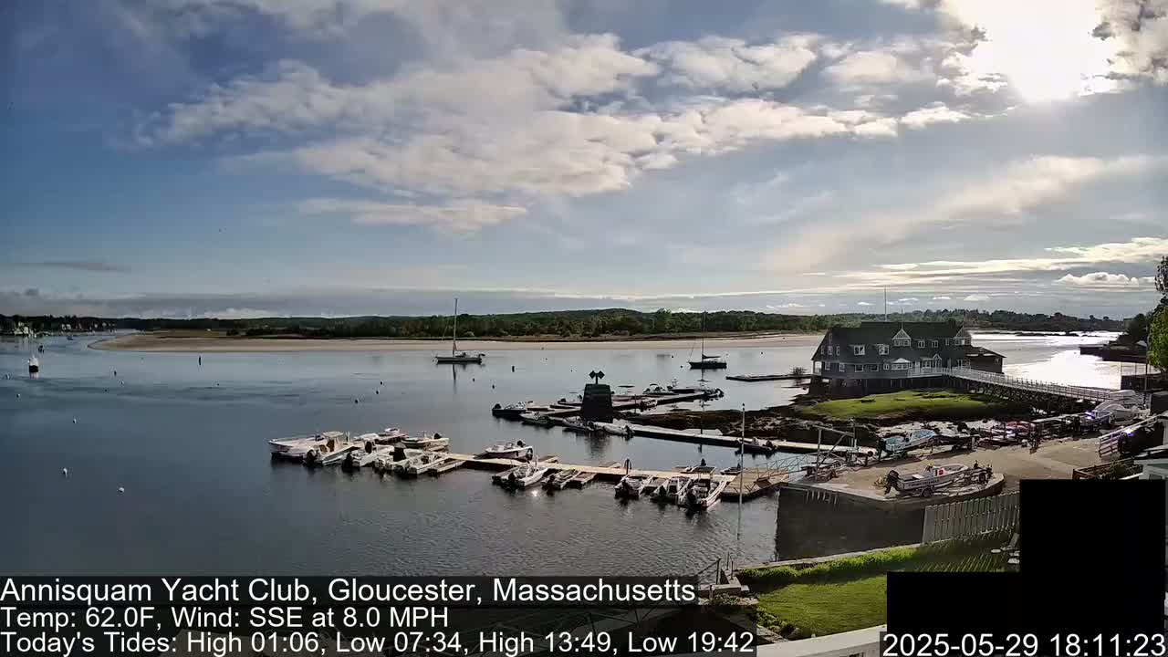 A marina filled with docked boats is situated beside a clubhouse, under a partly cloudy sky with a light wind.