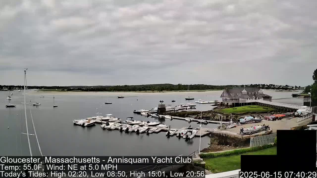 A calm, overcast day reveals a marina filled with numerous boats near a clubhouse, with a sandy shore and calm water in the background.