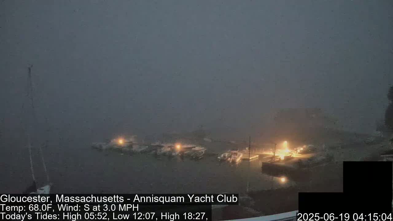 A foggy marina with several boats docked at night, illuminated by dim lights.