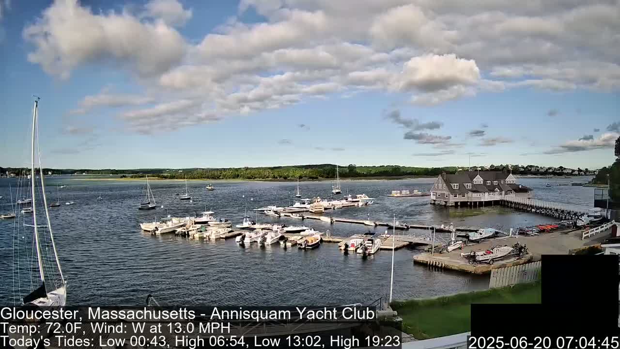A partly cloudy day shows a marina filled with sailboats and motorboats, a clubhouse, and calm water.