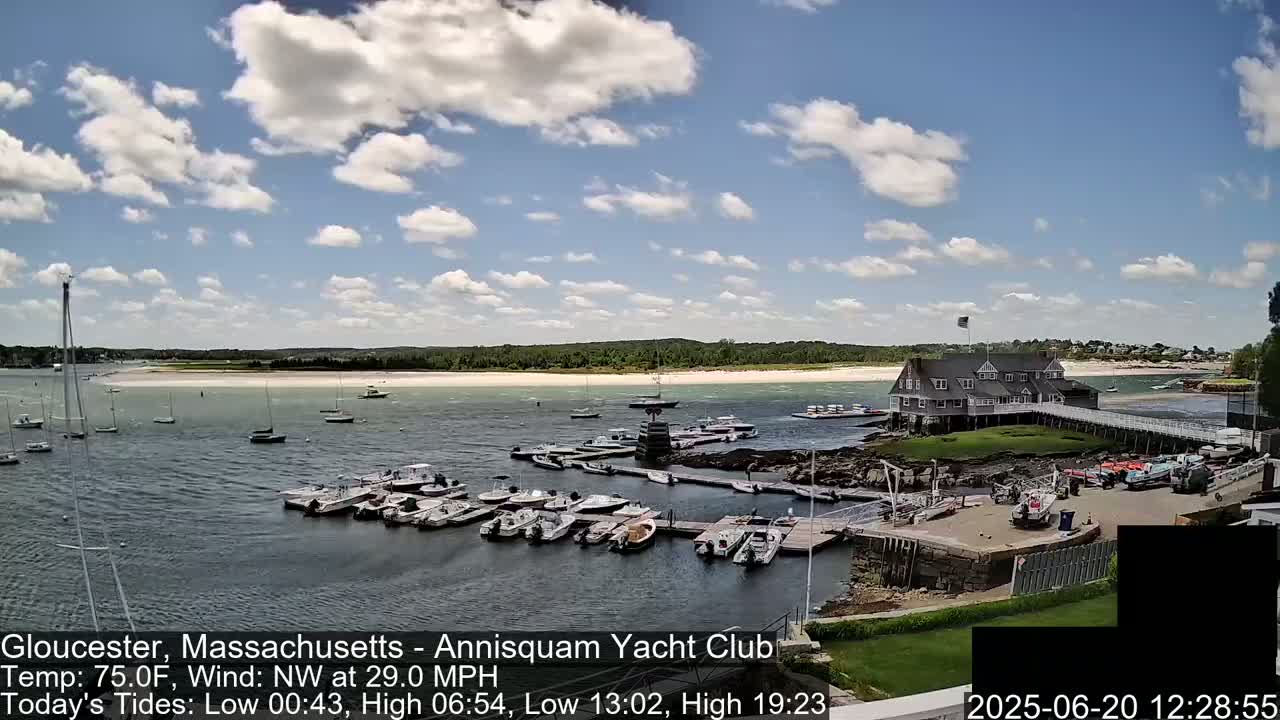 A harbor with numerous boats docked near a clubhouse under a partly cloudy sky, with a northwest wind blowing at 29 mph.