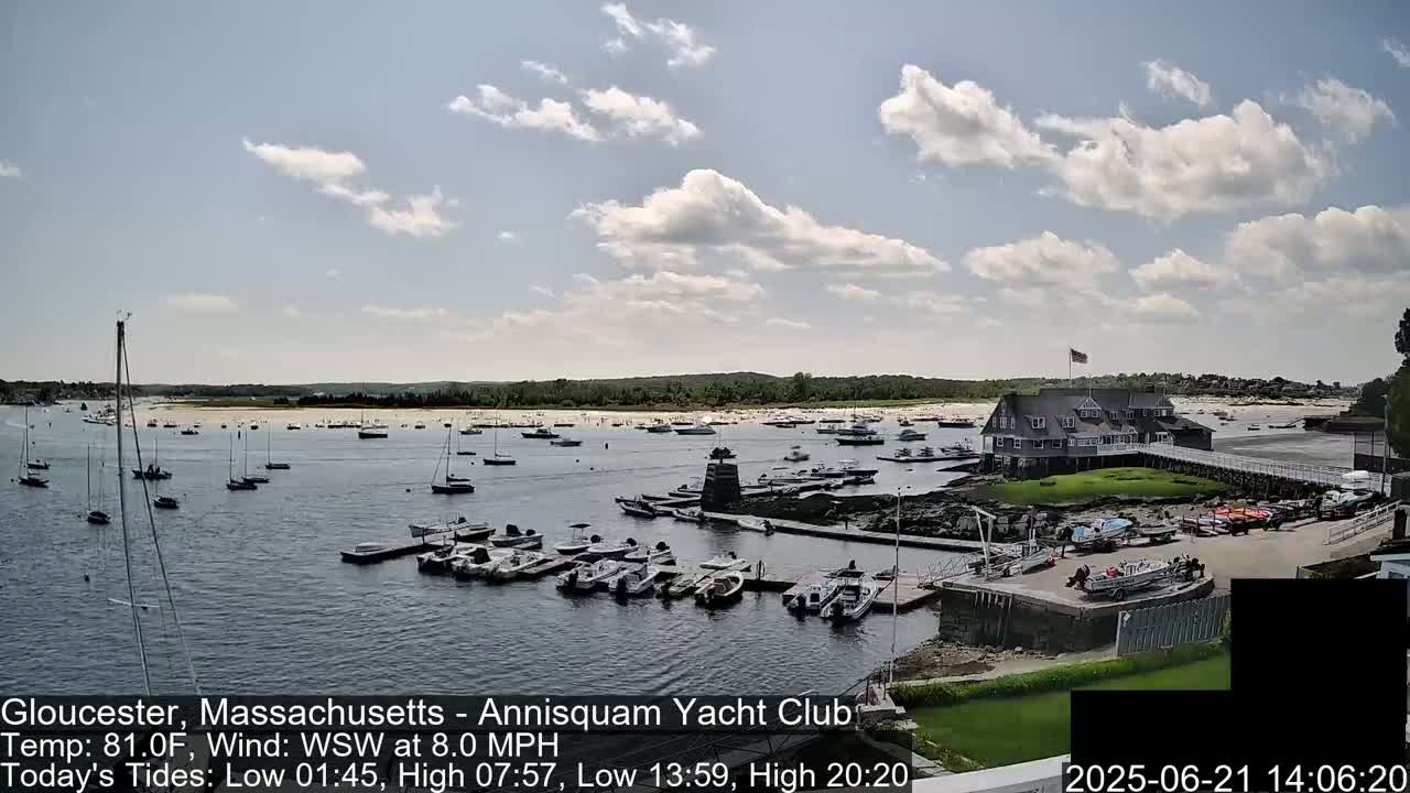 A sunny day with partly cloudy skies shows a harbor filled with numerous boats docked near a large clubhouse.