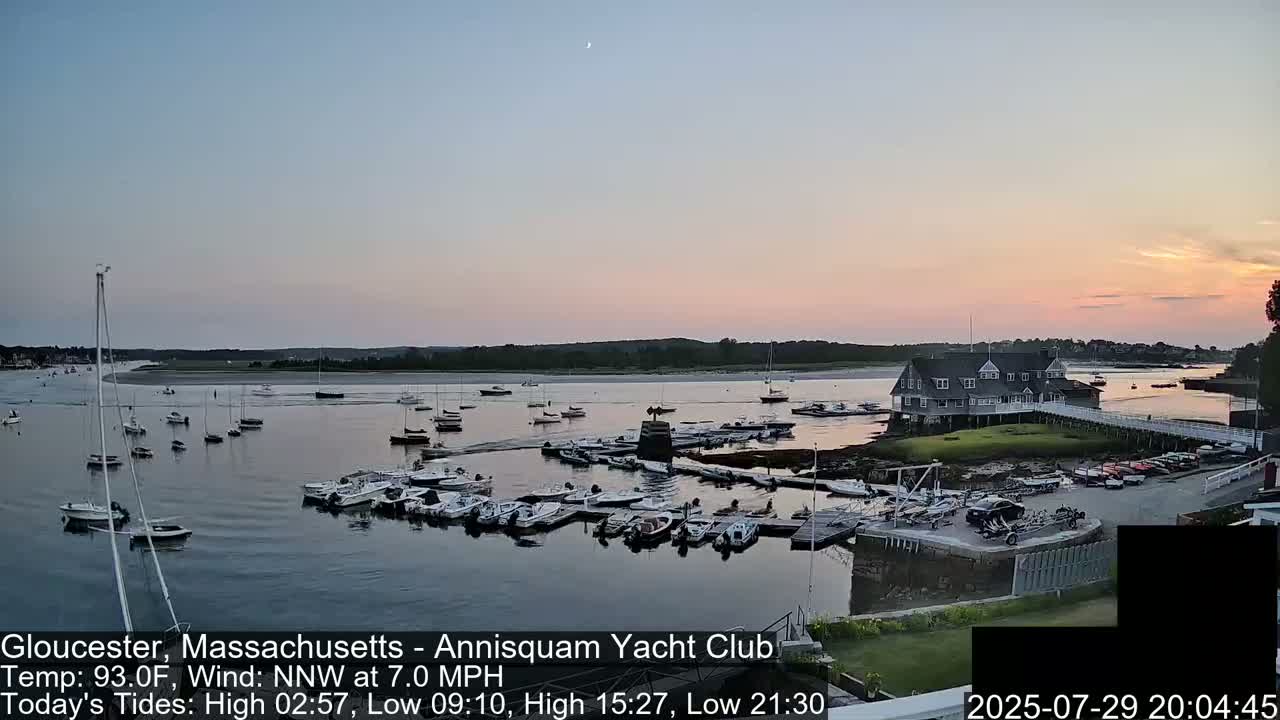 A nighttime view of a calm harbor filled with docked boats under a clear, starry sky.