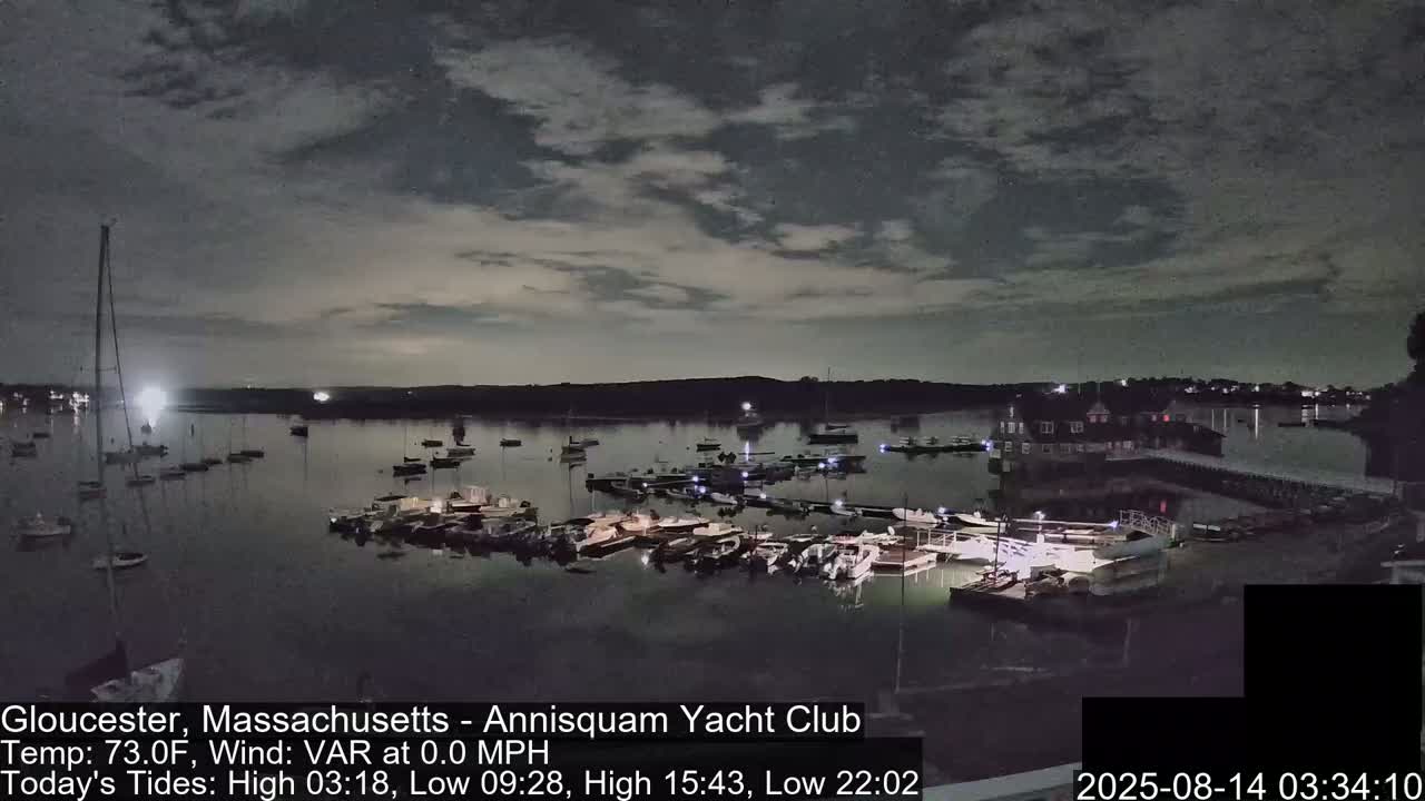 A nighttime view of a marina filled with numerous boats under a cloudy sky.