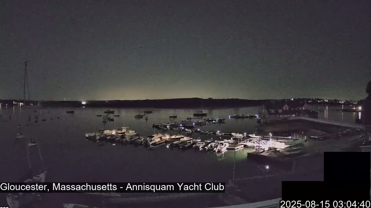Under a dark, clear night sky, numerous boats are moored at a marina next to a building, with additional boats anchored in the water beyond.