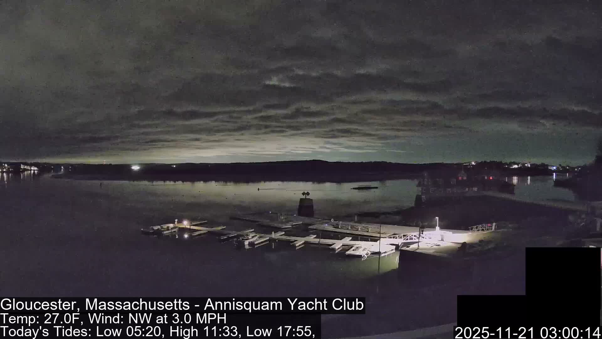 An overcast night reveals a calm body of water featuring illuminated boat docks and distant shorelines with scattered lights.