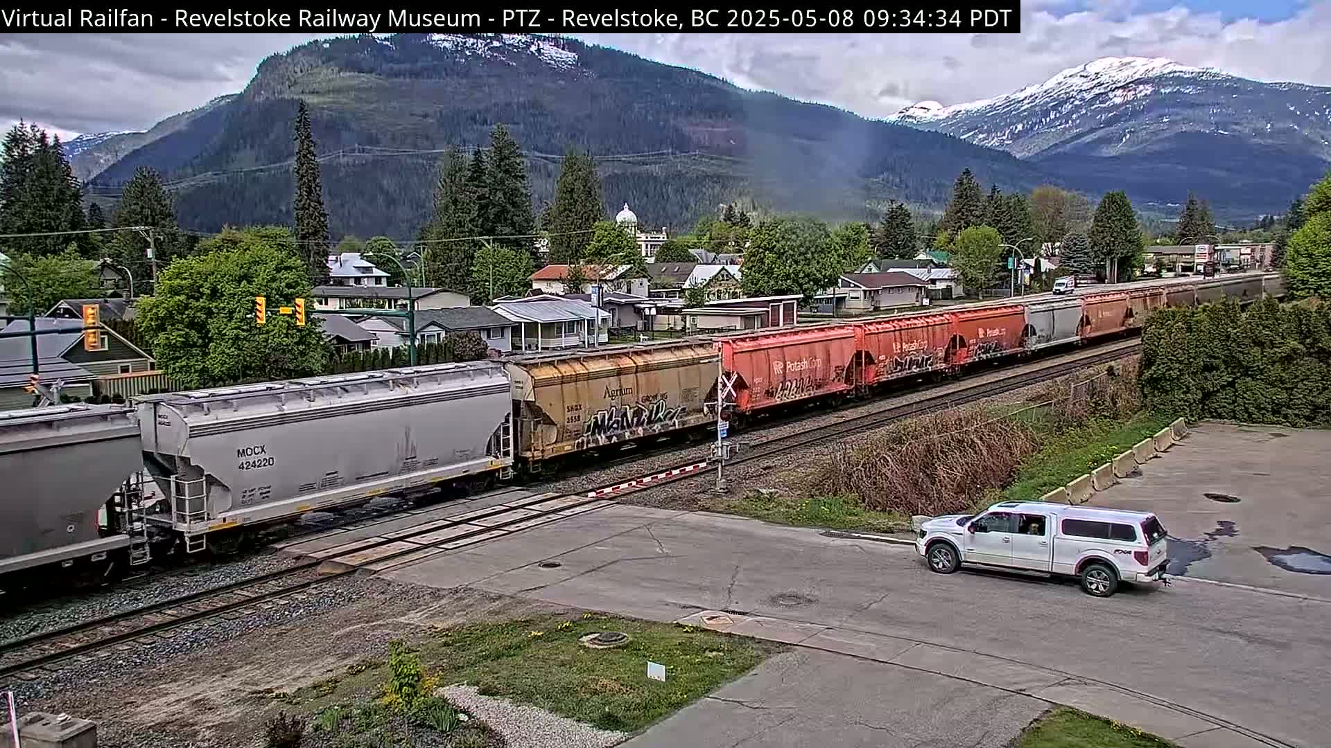 A long freight train passes through a residential area near mountains under partly cloudy skies.