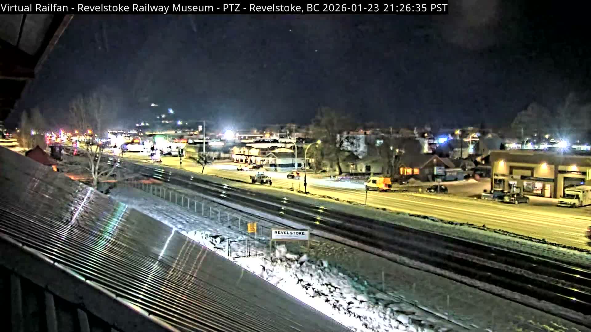 Revelstoke City & Canadian Pacific Railway Railroad Crossing Live Cam - Revelstoke, Columbia-Shuswap, British Columbia, Canada  PTZ | Virtual Railfan LIVE ! 2025-03-18 12:14