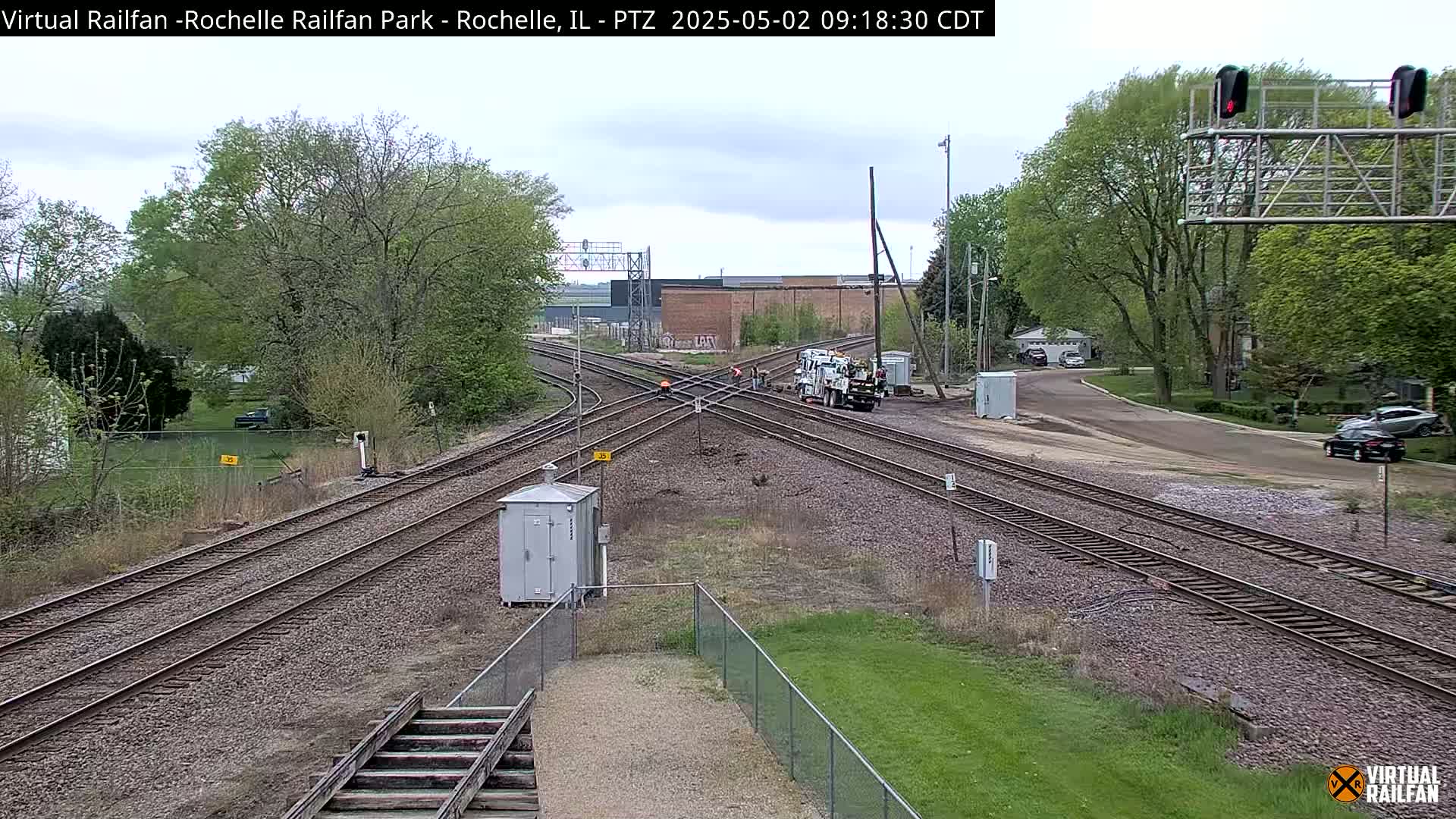 A mostly cloudy day shows a railway intersection with several workers and vehicles near a crossing, surrounded by trees and grass.