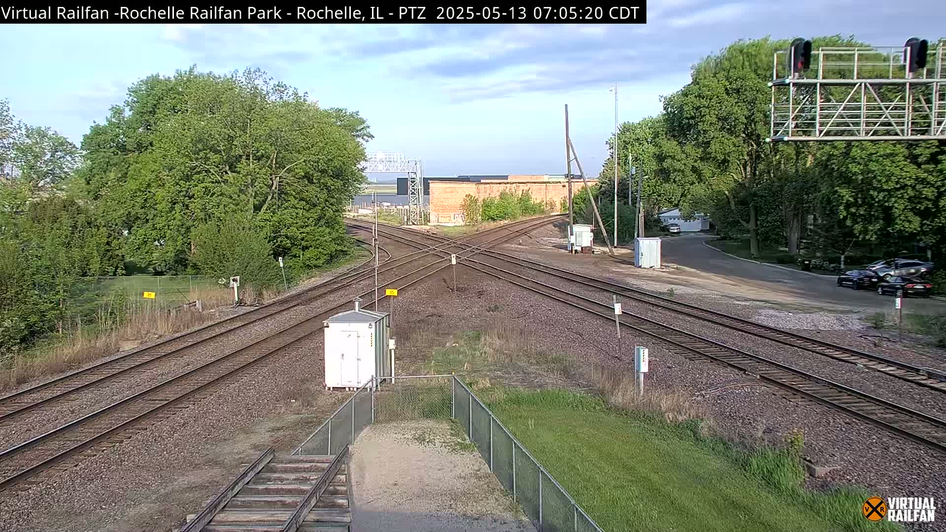 A railway crossing with several tracks intersecting under a partly cloudy sky, surrounded by green trees and grass.