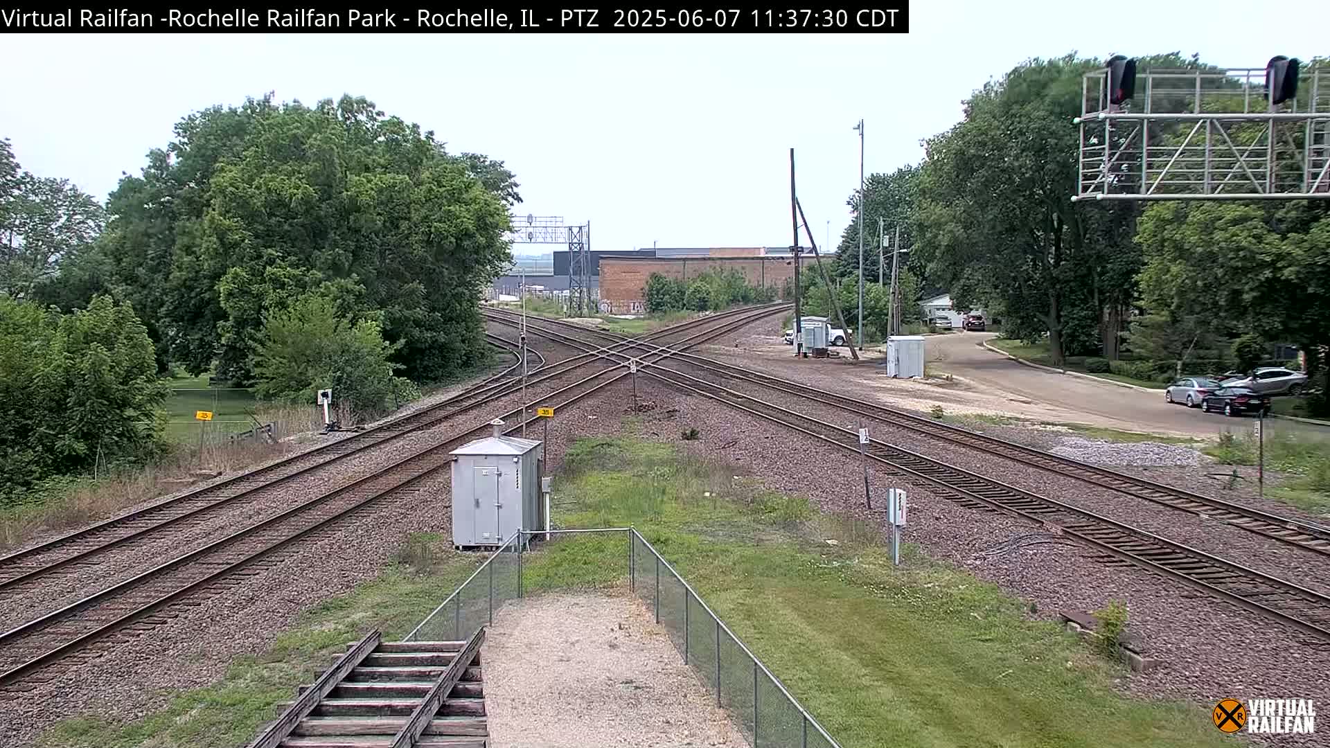 A railroad crossing with multiple tracks intersects a paved road under a partly cloudy sky, surrounded by green trees and grass.