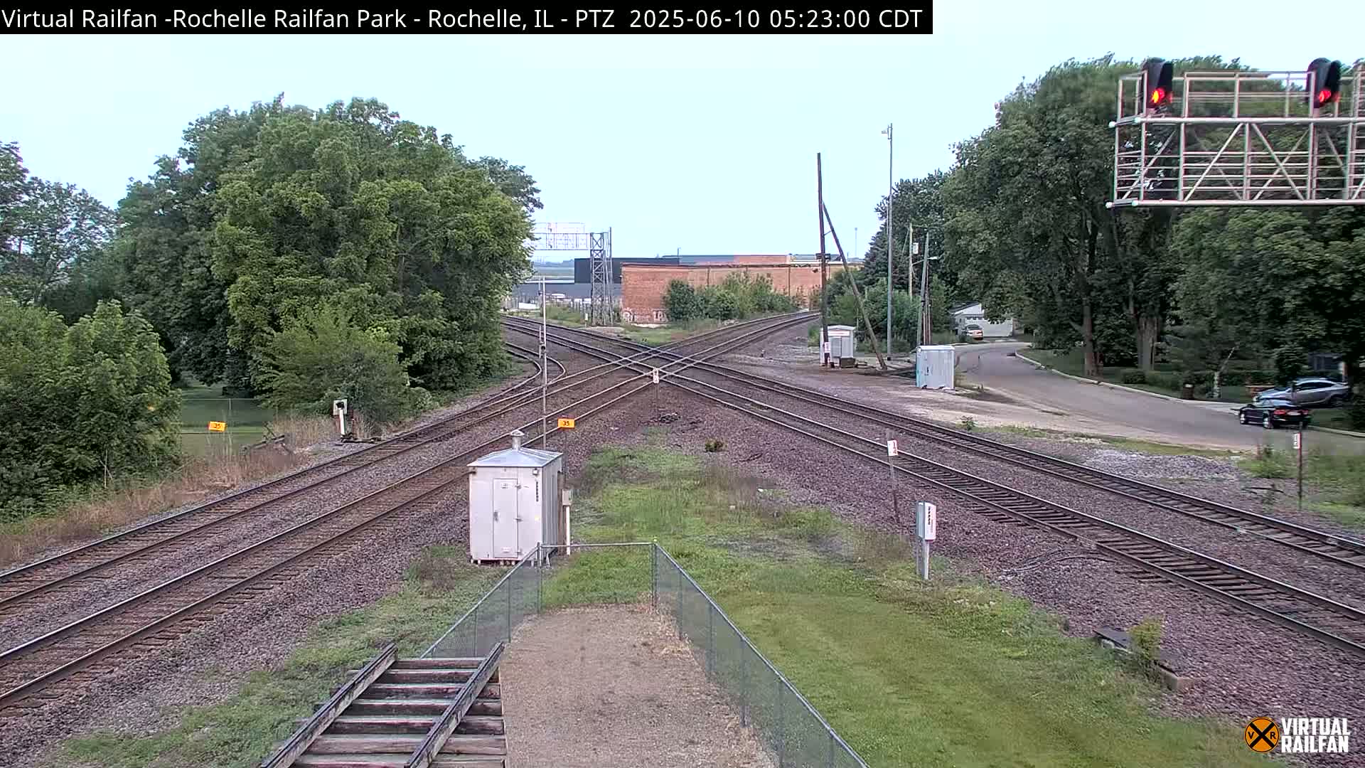 A railroad crossing with multiple tracks under a partly cloudy sky, surrounded by green trees and grass, and a road with a car visible in the distance.