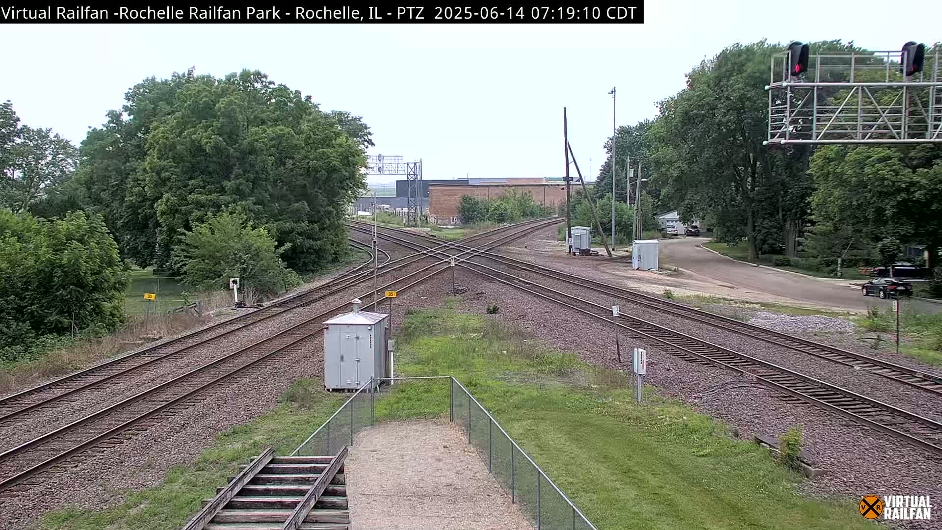 A railway crossing with multiple tracks intersects a road under a partly cloudy sky, surrounded by green trees and grass.