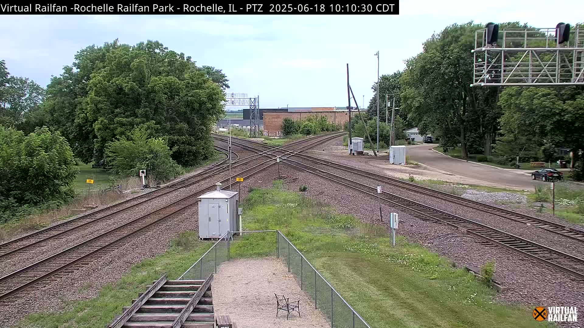A railroad crossing with several tracks intersecting under a partly cloudy sky, surrounded by green vegetation and trees.