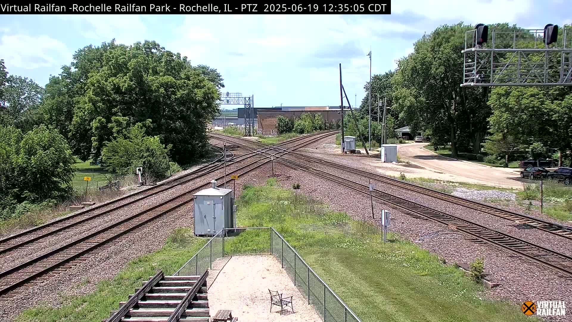A sunny day shows a railroad crossing with multiple tracks, surrounded by green trees and grass.