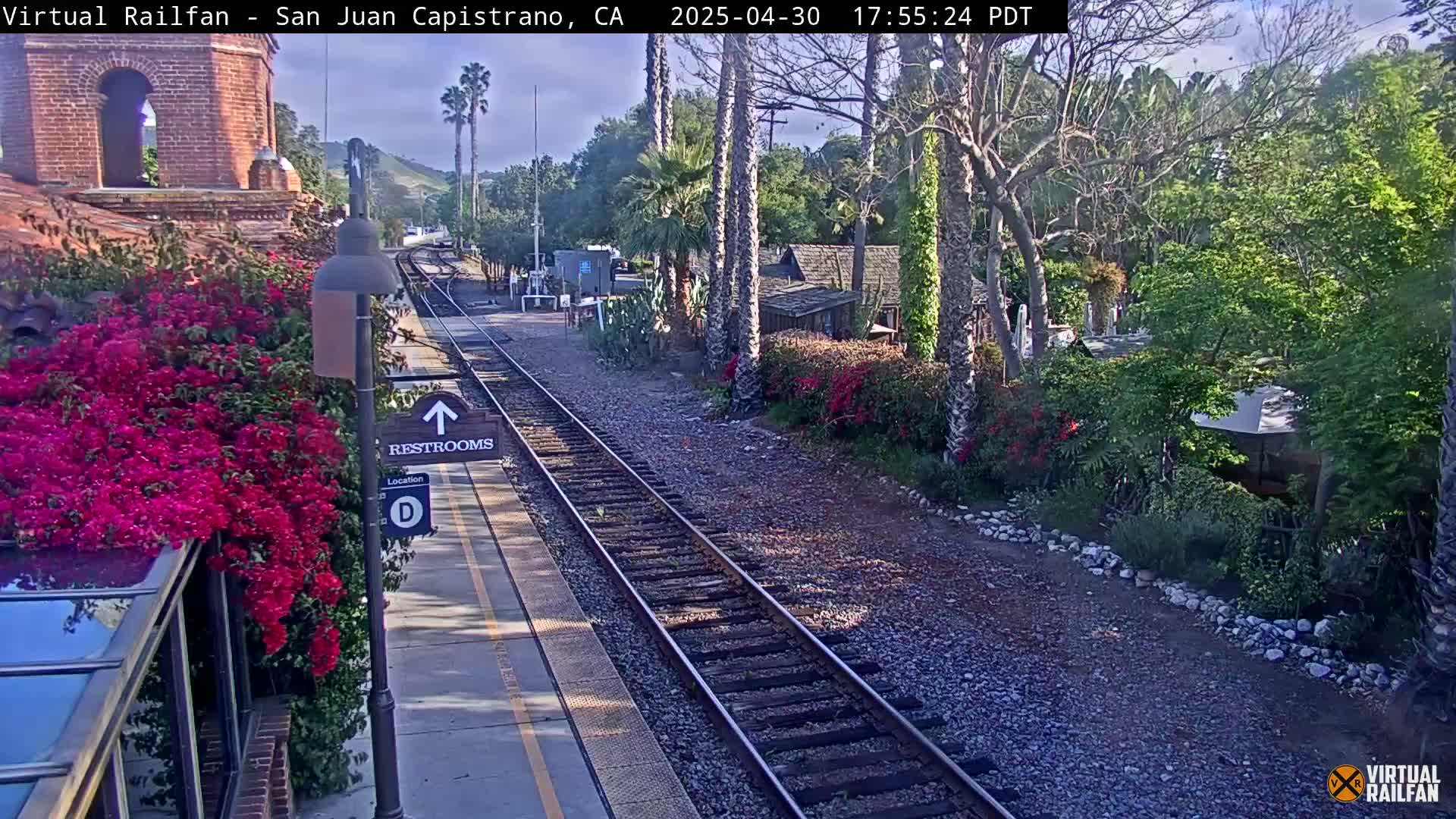 A train station platform with vibrant pink flowers, palm trees, and train tracks under a partly sunny sky.